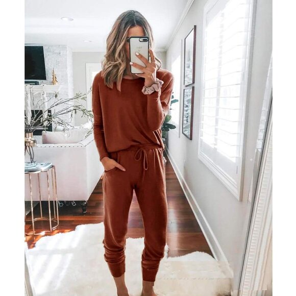 Women Fall Lounge Set Long Sleeve Tops High Waisted Joggers Spring Travel - Picture 2 of 5